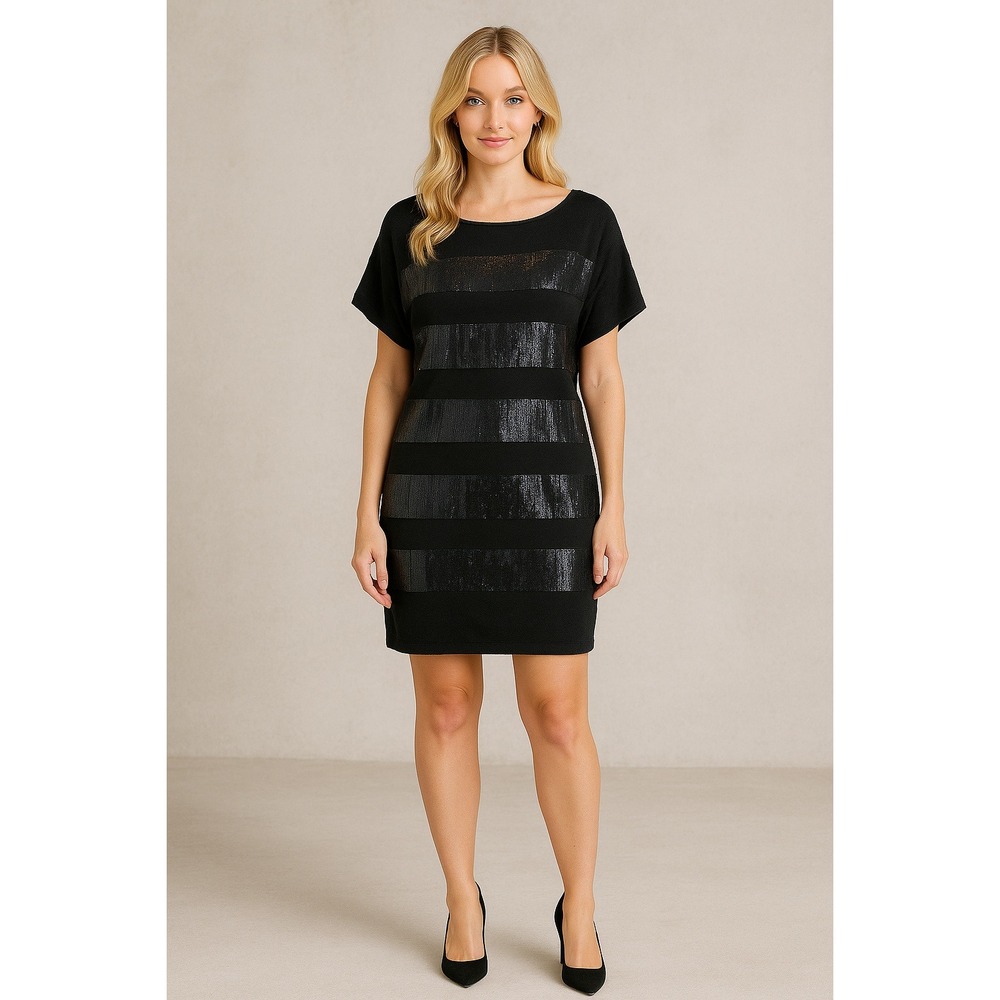 Karen Millen Wool Sweater Dress 2 Black Sequin Stripe Boxy Dolamn Sleeves Party